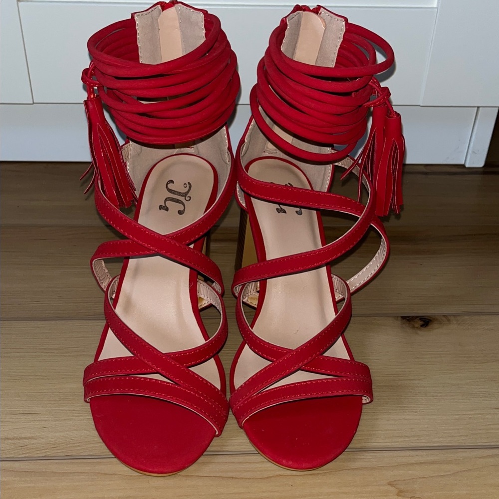 Red Tassel Block Heels